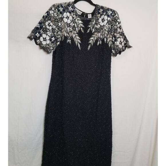 Holiday Party-Night Vogue Formal Black Silk Beaded Sequin Dress Knee Length Sz M - Picture 1 of 13